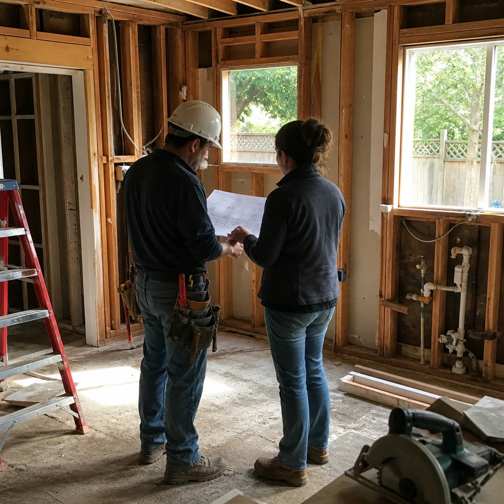 General contractor and client reviewing blueprints inside a home renovation project