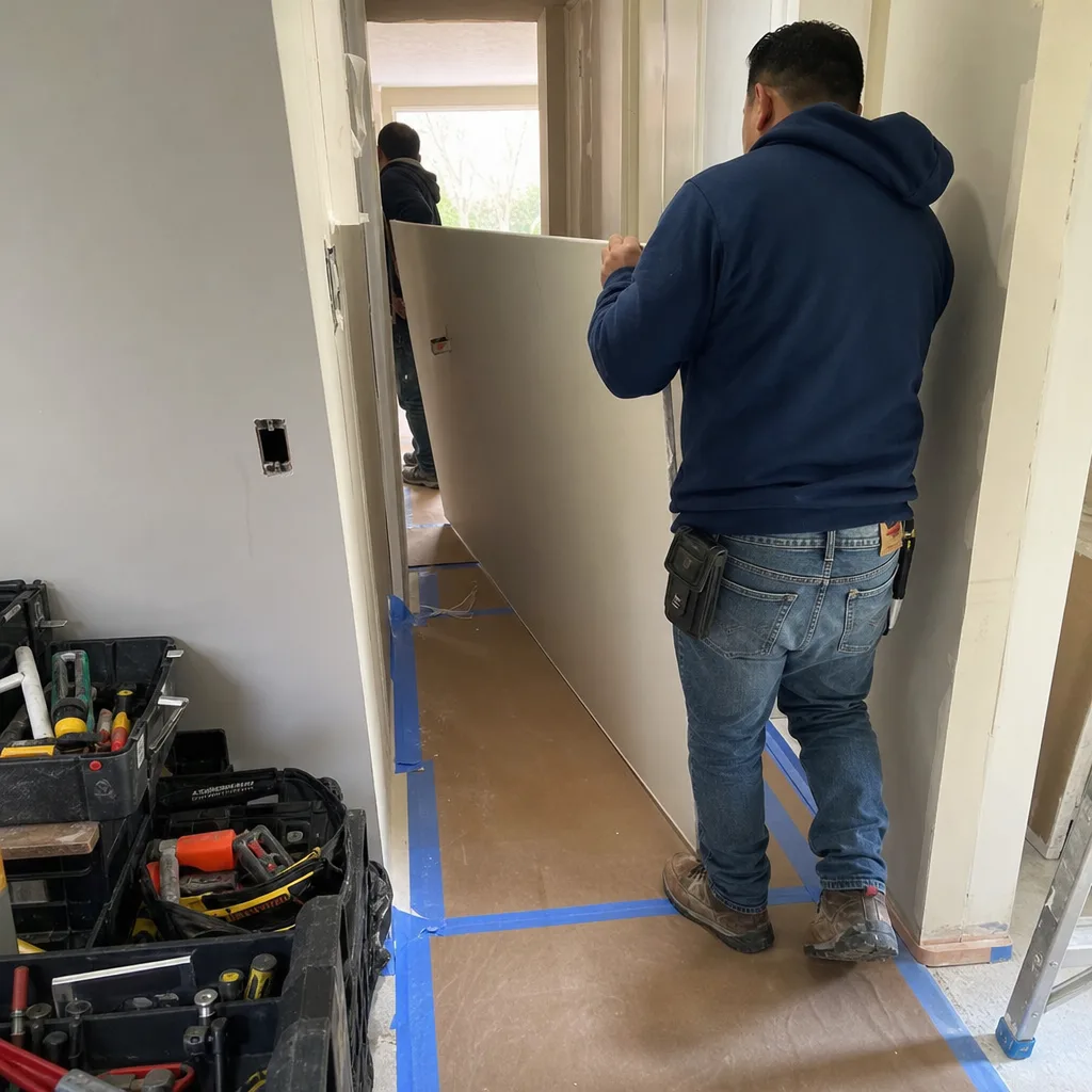 General contractors carrying a large sheet of drywall in a home interior
