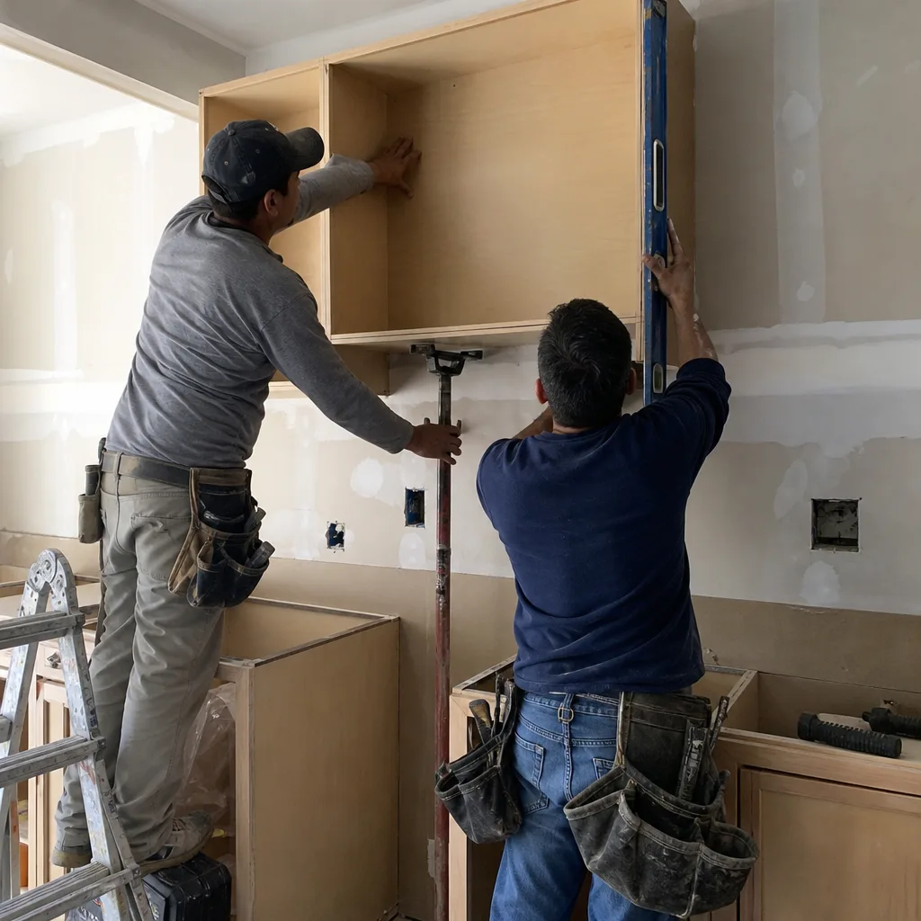 Two contractors installing custom kitchen cabinets during a home remodel