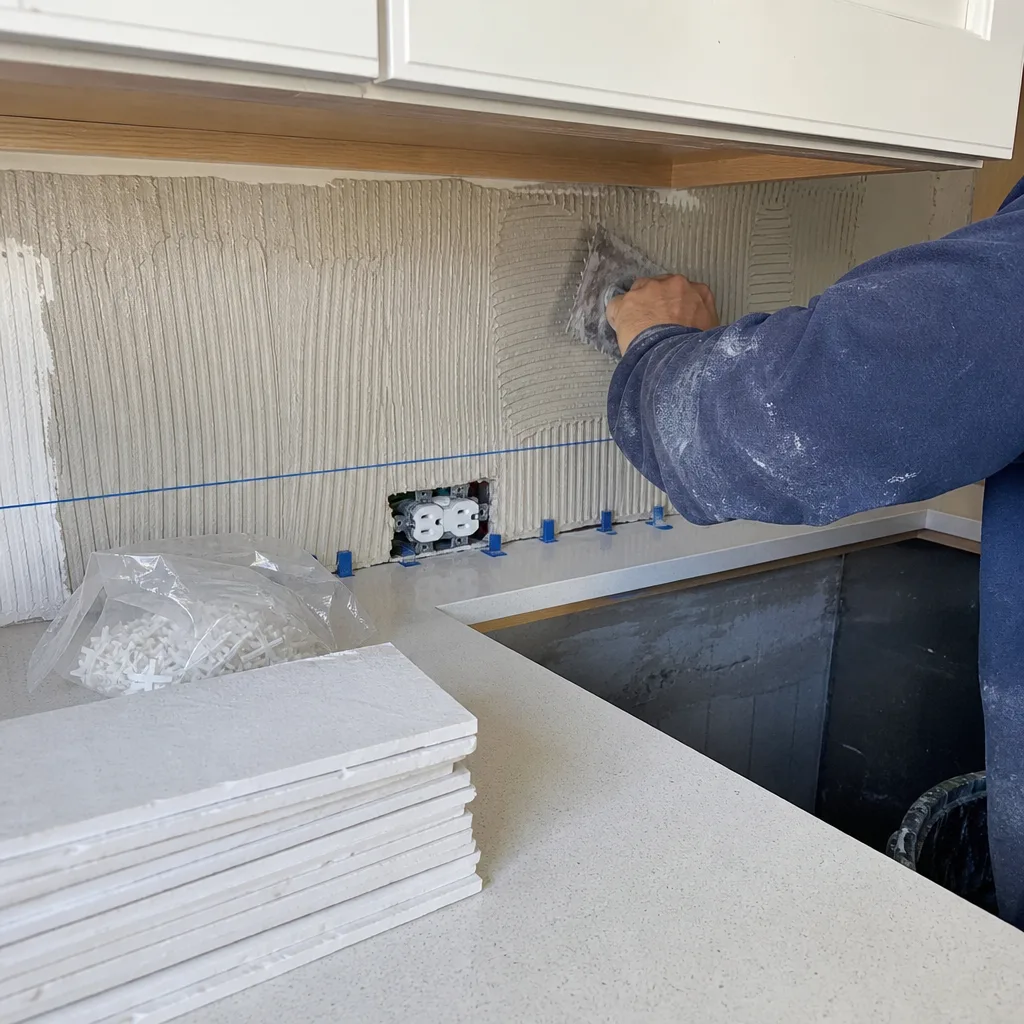 Professional contractor spreading thin-set mortar for a kitchen backsplash tile installation