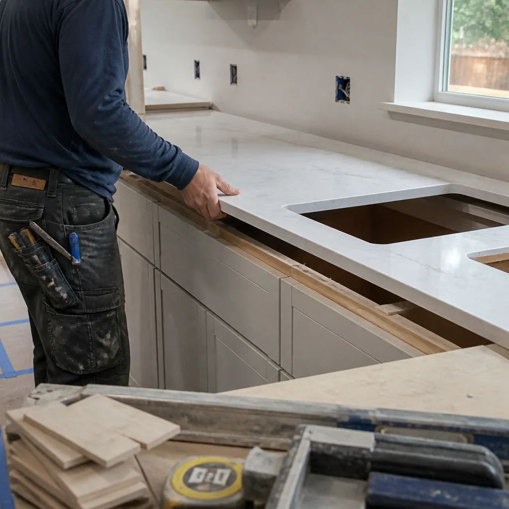 Professional contractor installing a marble kitchen countertop during a home remodel