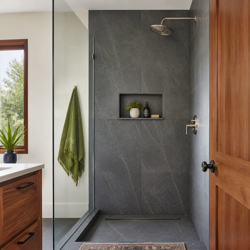 A walk-in shower with large-format tile and a built-in niche