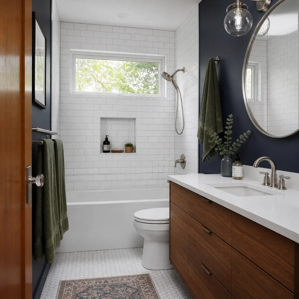 A remodeled hall bathroom with subway tile and a floating vanity